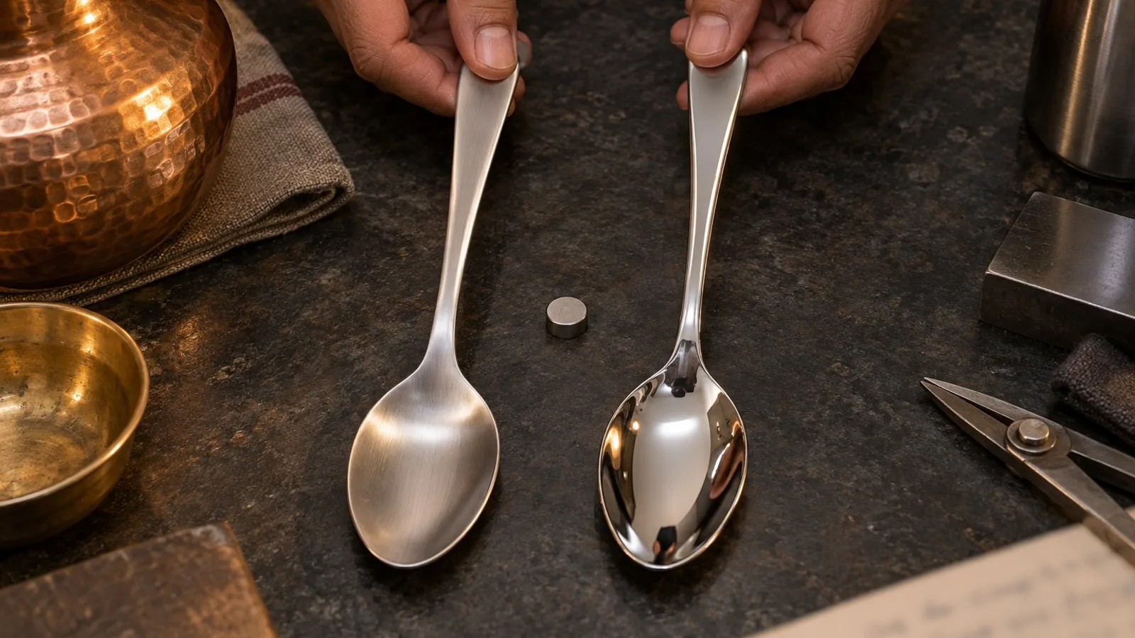 Two hands holding a brushed and a mirror-polished stainless spoon side by side, with a small magnet between them