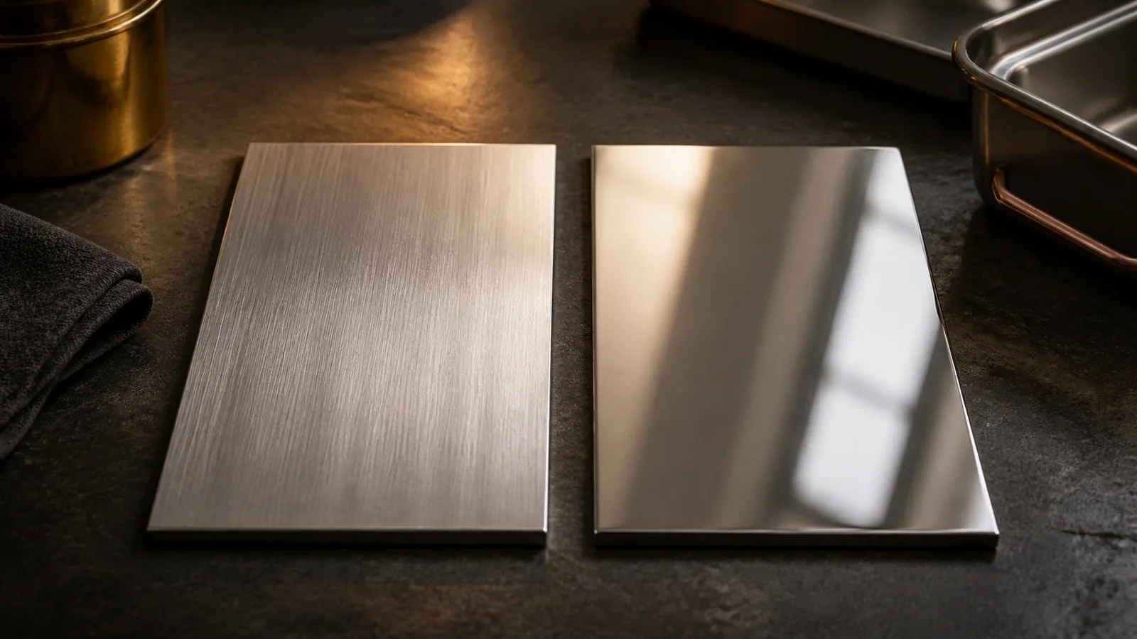 Brushed and polished stainless steel sample plates side by side under raking light