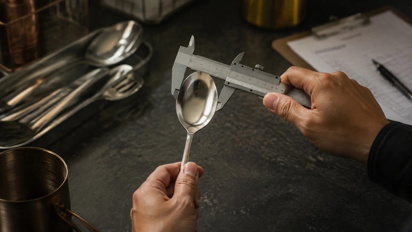 Hands measuring a stainless steel spoon with calipers beside a checklist