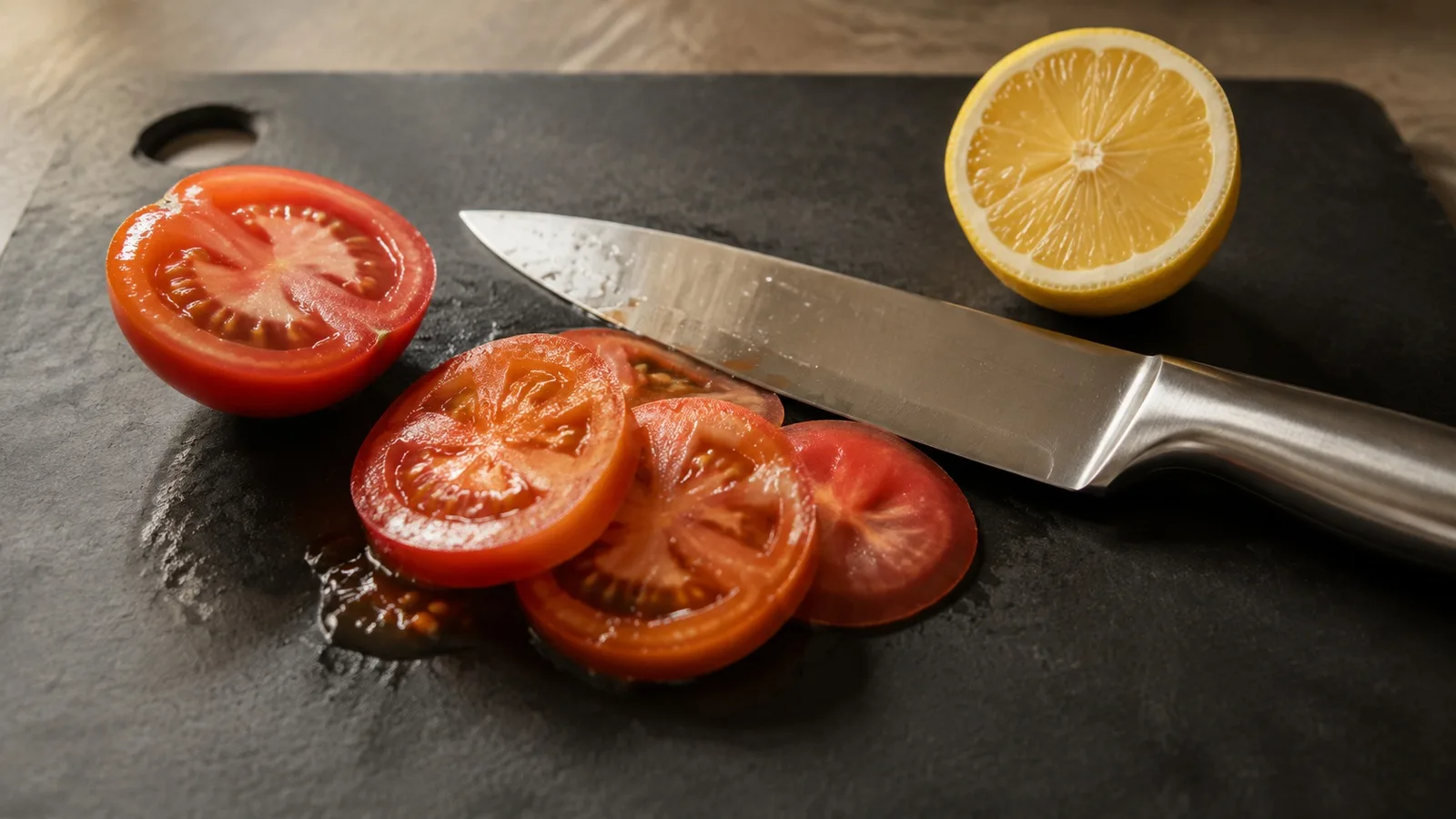 Stainless steel knife touching sliced tomatoes beside a lemon on a cutting board