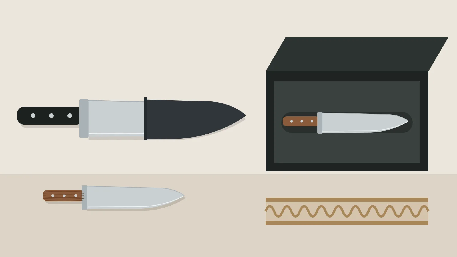 Illustration of a chef knife sliding into a blade guard beside a wood-handled paring knife, an open retail box with a fitted insert and the fluted edge of corrugated board