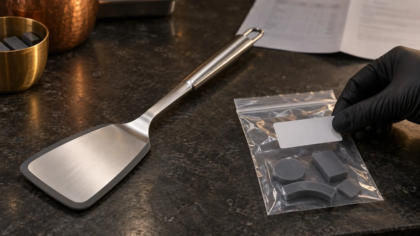 Silicone-edged stainless spatula beside a sealed sample bag, with a gloved hand placing a blank label on it