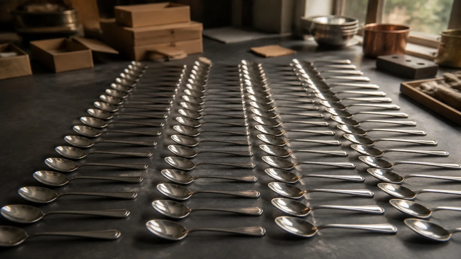 Identical stainless steel spoons arranged in repeated rows on a workbench