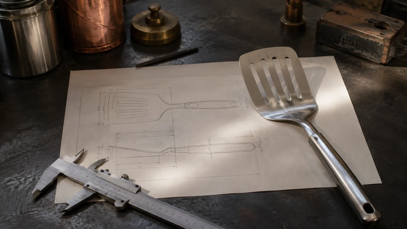 Engineering drawing beside a stainless steel spatula and caliper on a workbench