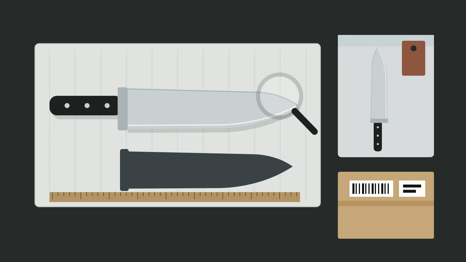 Illustration of an inspection table with a chef knife, its blade guard, a sealed reference sample, a measuring rule and a numbered export carton