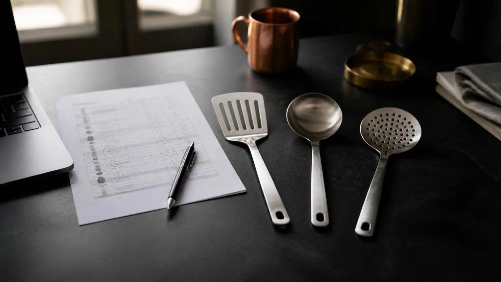 Product comparison sheet, pen and three stainless steel sample utensils beside a laptop