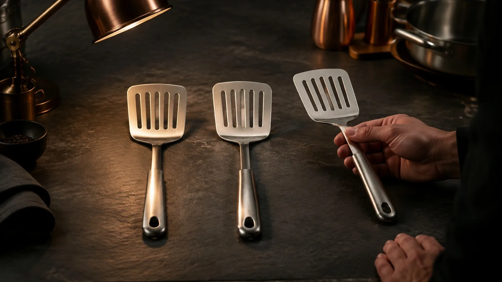 Three stainless steel spatulas compared under an inspection light, with one held apart