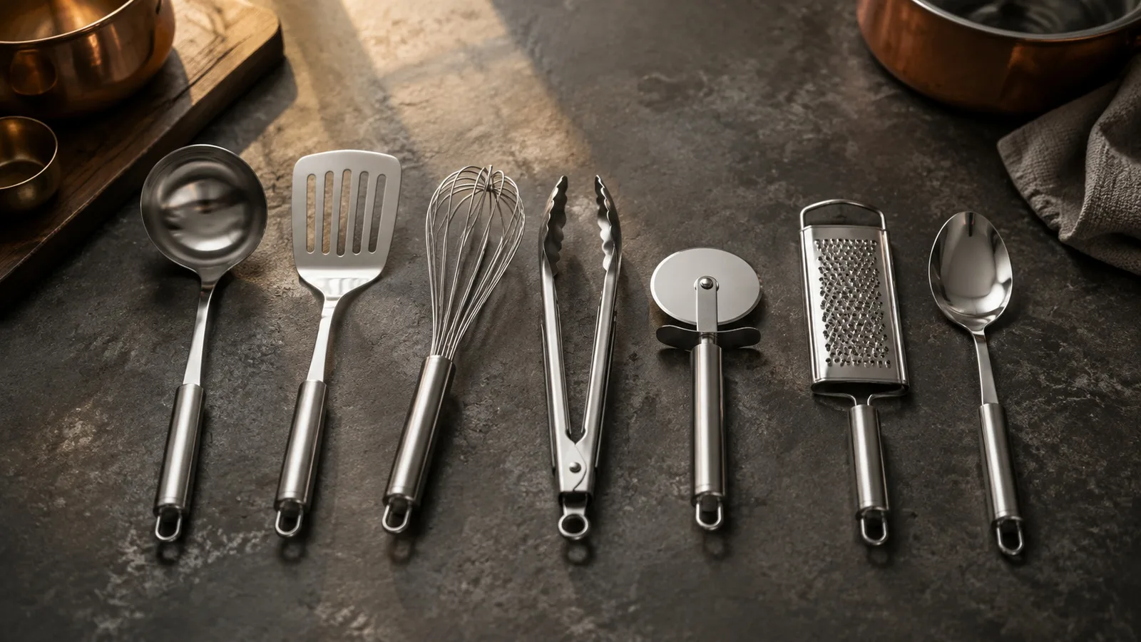 Assortment of stainless steel kitchen tools arranged for range selection