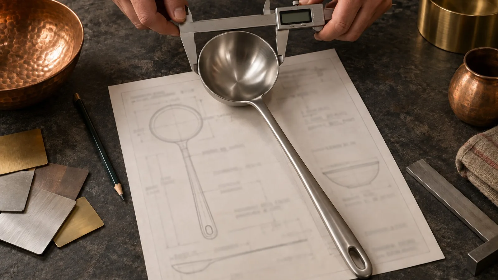 Hands measuring a stainless steel ladle with digital calipers over its technical drawing, beside finish sample cards