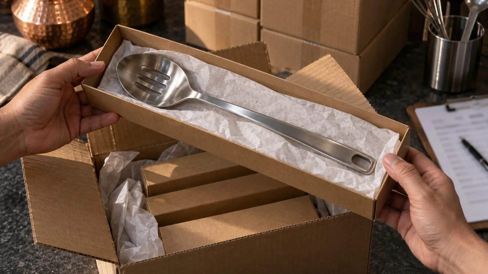 Hands lifting a boxed stainless slotted spoon out of an opened export carton