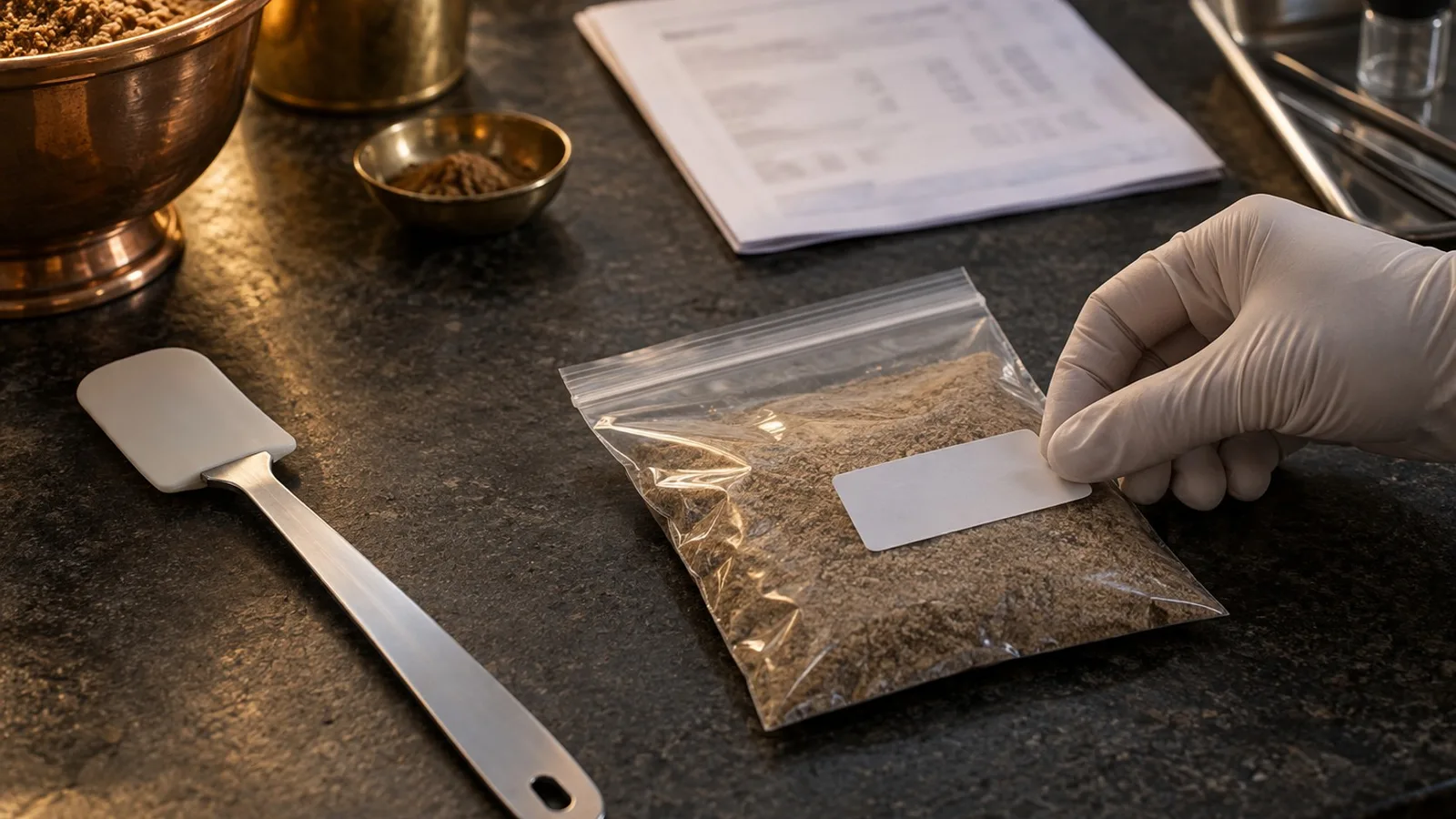 Gloved hand labelling a sealed sample bag beside a stainless kitchen spatula and a folded report