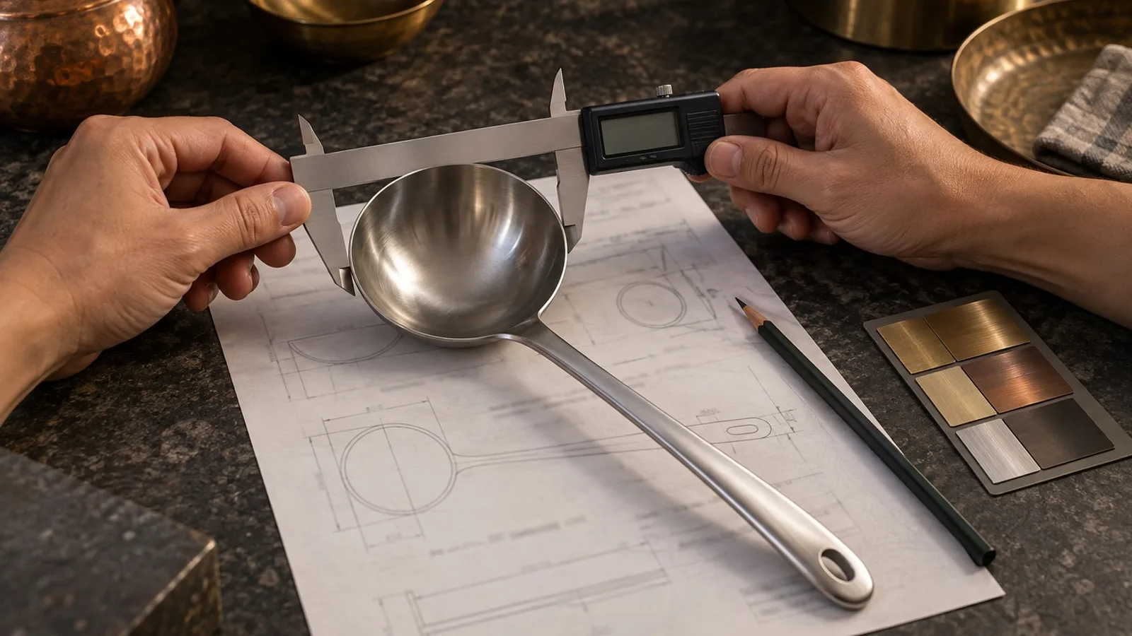 Hands measuring a stainless ladle bowl with digital calipers over its technical drawing