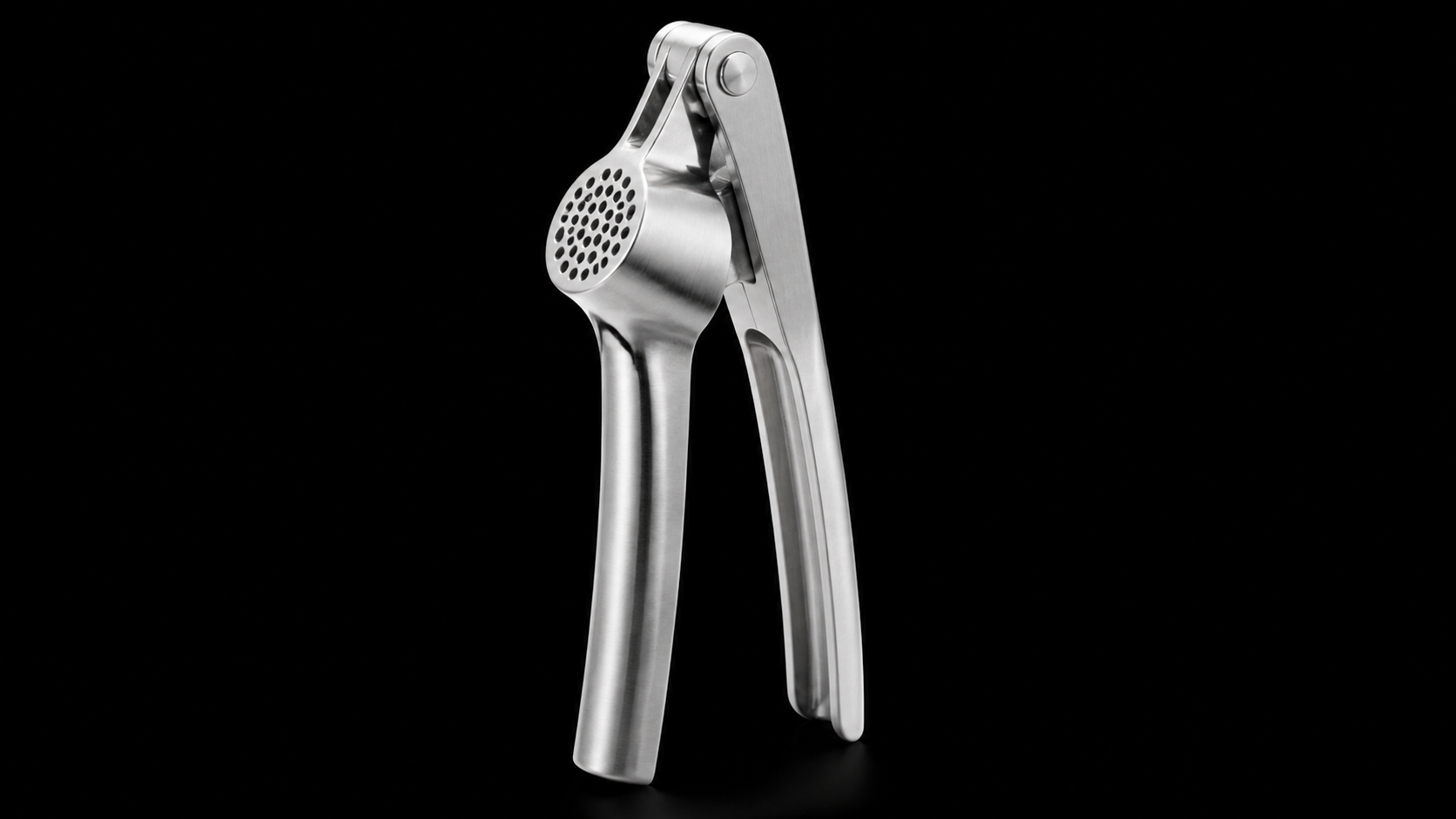 Stainless Steel Garlic Press product photograph on a dark studio background