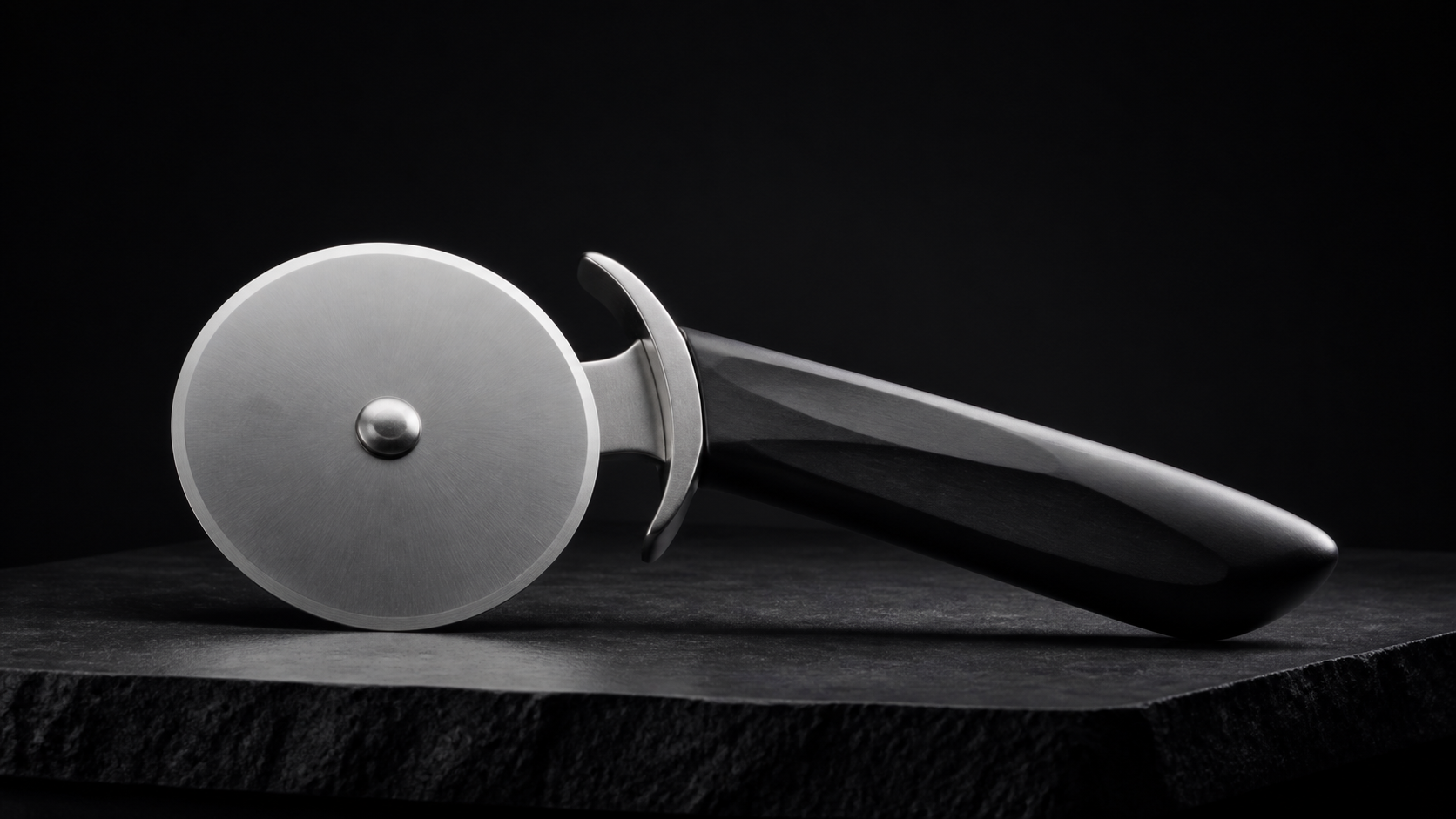 Stainless Steel Pizza Cutter product photograph on a dark studio background