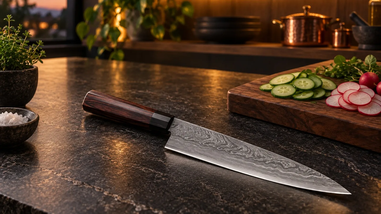 Japanese Gyuto Knife in a premium kitchen setting