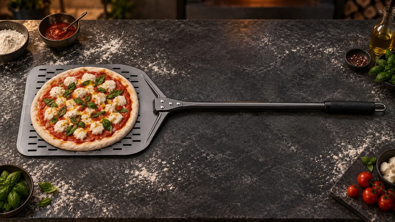 Perforated aluminium pizza peel holding a raw pizza on a floured worktop