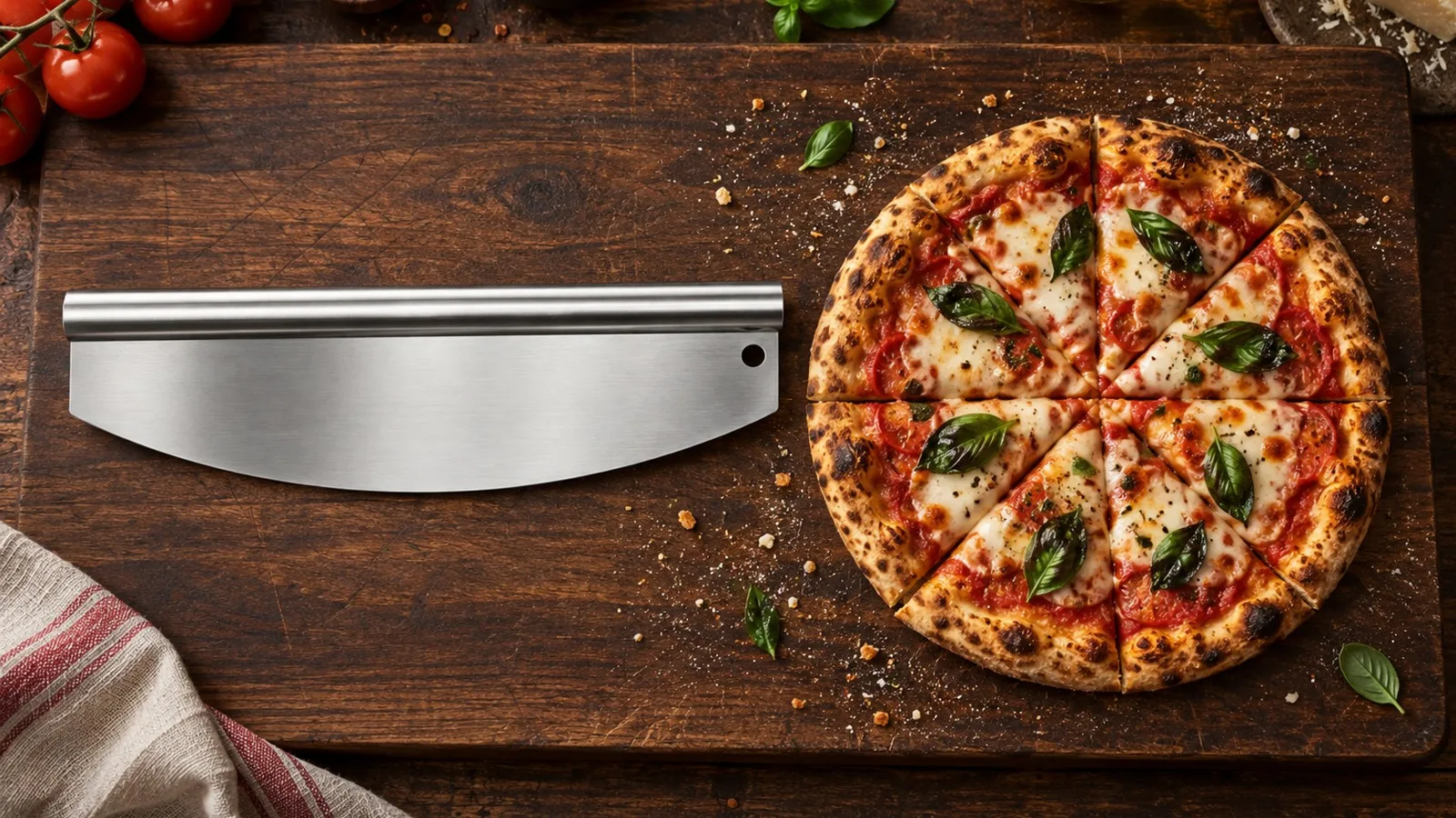 Stainless steel pizza rocker lying flat on a wooden board beside a pizza
