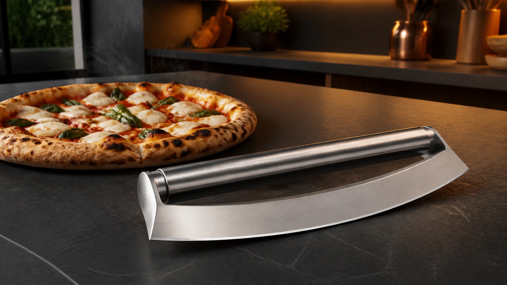 Pizza Rocker Knife in a premium kitchen setting