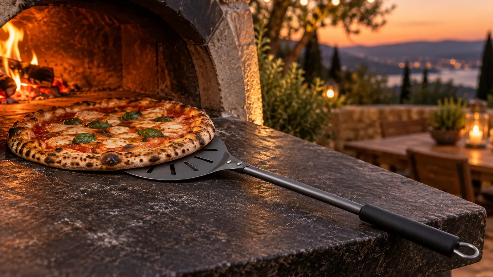 Pizza turning peel under a pizza at the mouth of an outdoor wood-fired oven