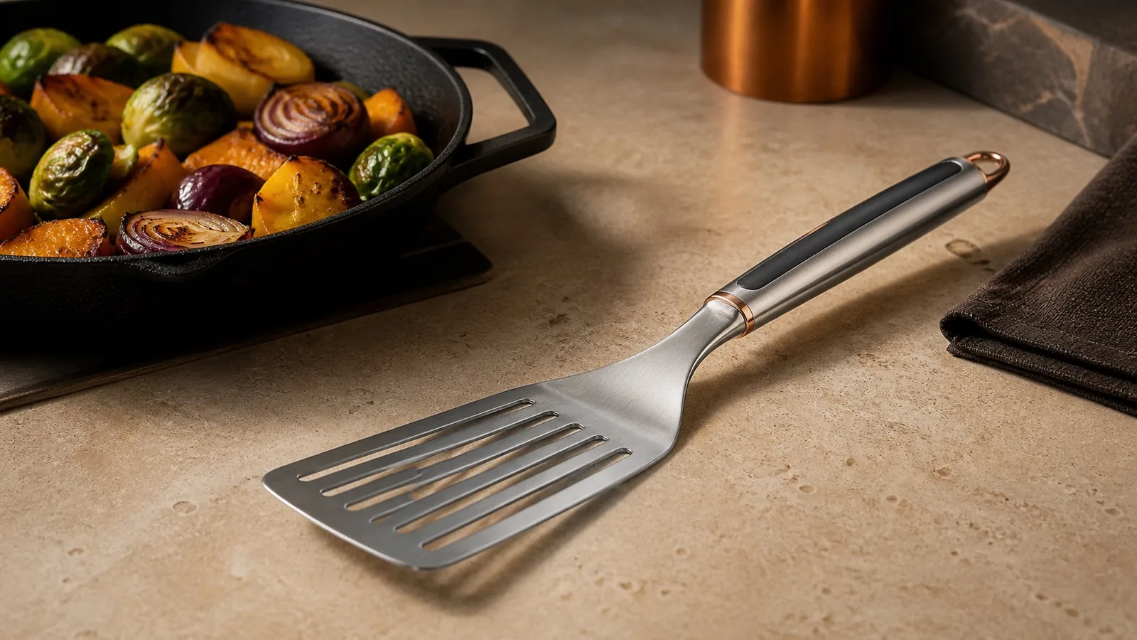 Slotted Turner Spatula in a premium kitchen setting