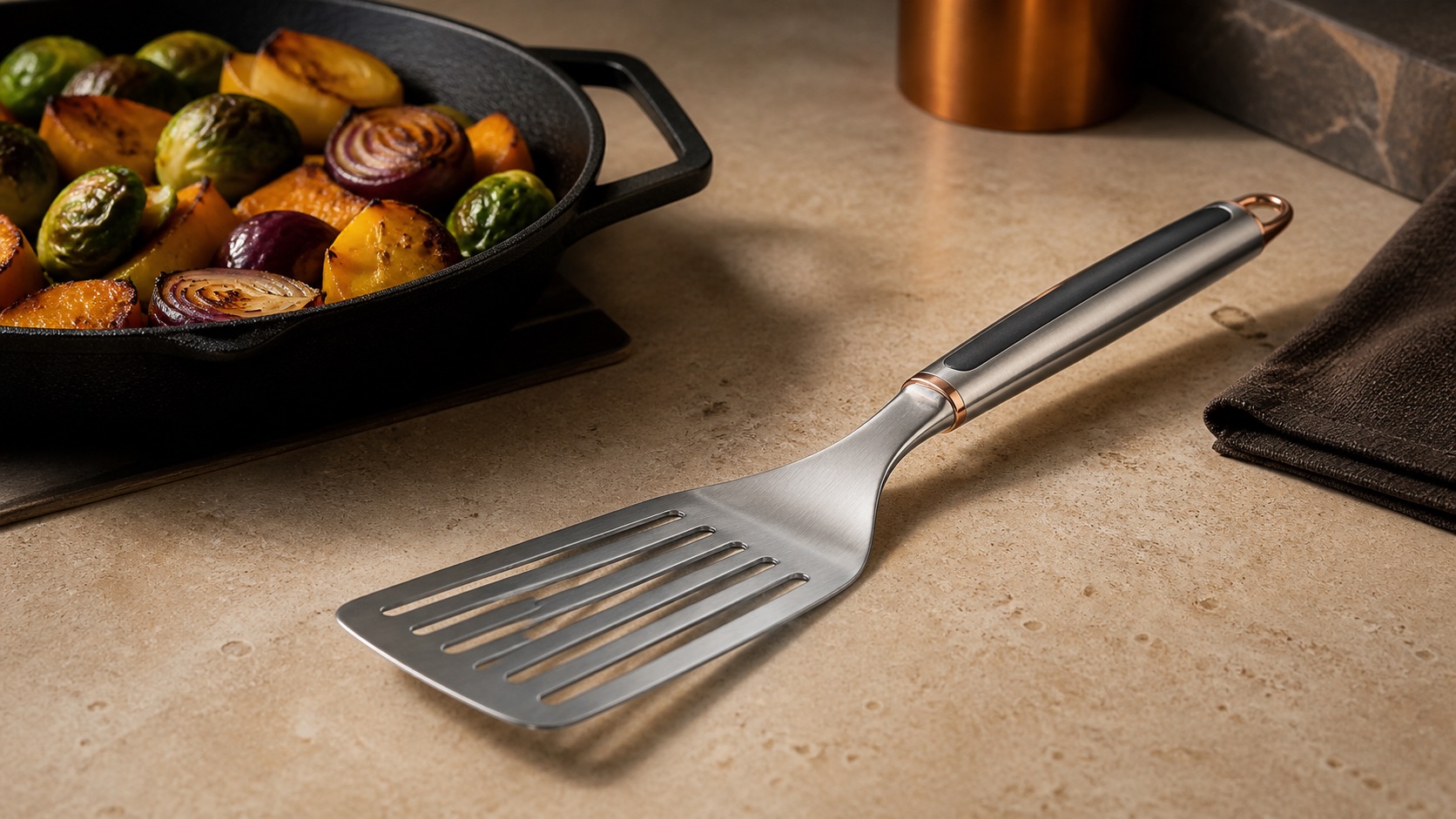 Slotted Turner Spatula in a premium kitchen setting