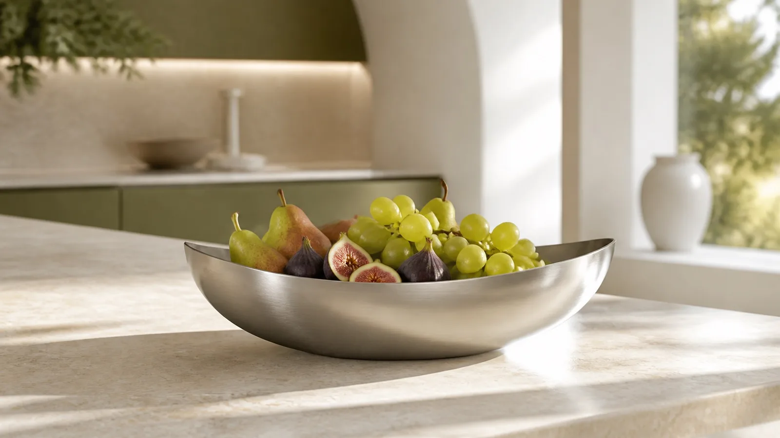 Stainless Steel Fruit Bowl in a premium kitchen setting