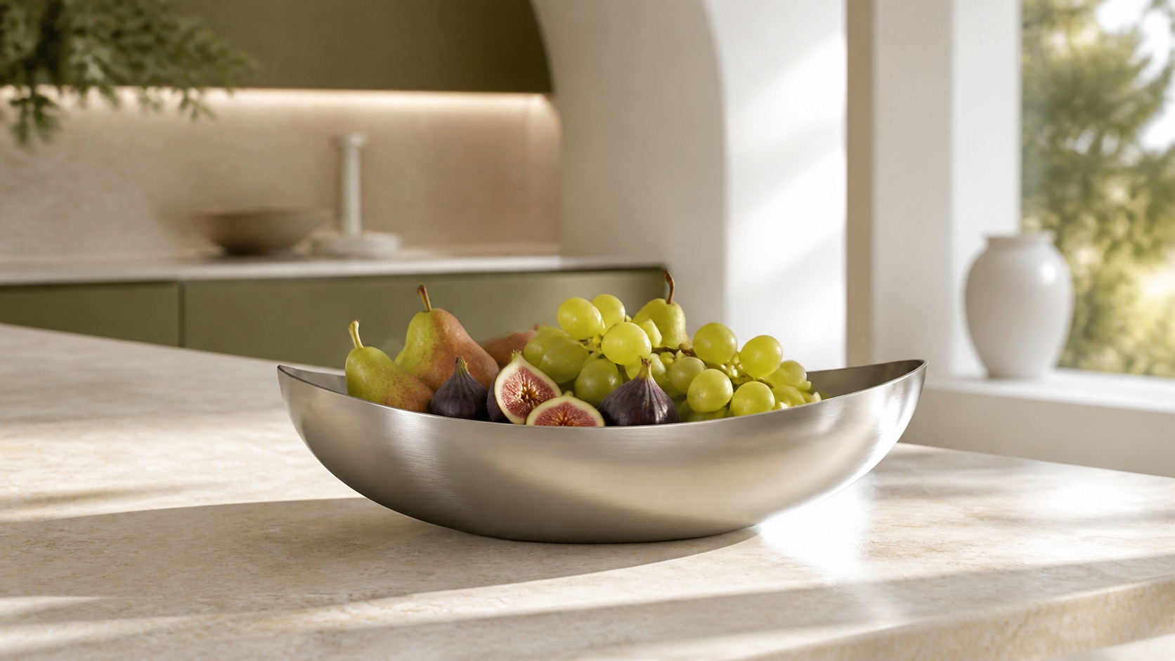 Stainless Steel Fruit Bowl in a premium kitchen setting