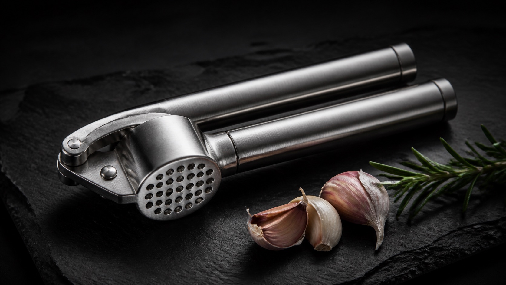 Stainless Steel Garlic Press in a premium kitchen setting