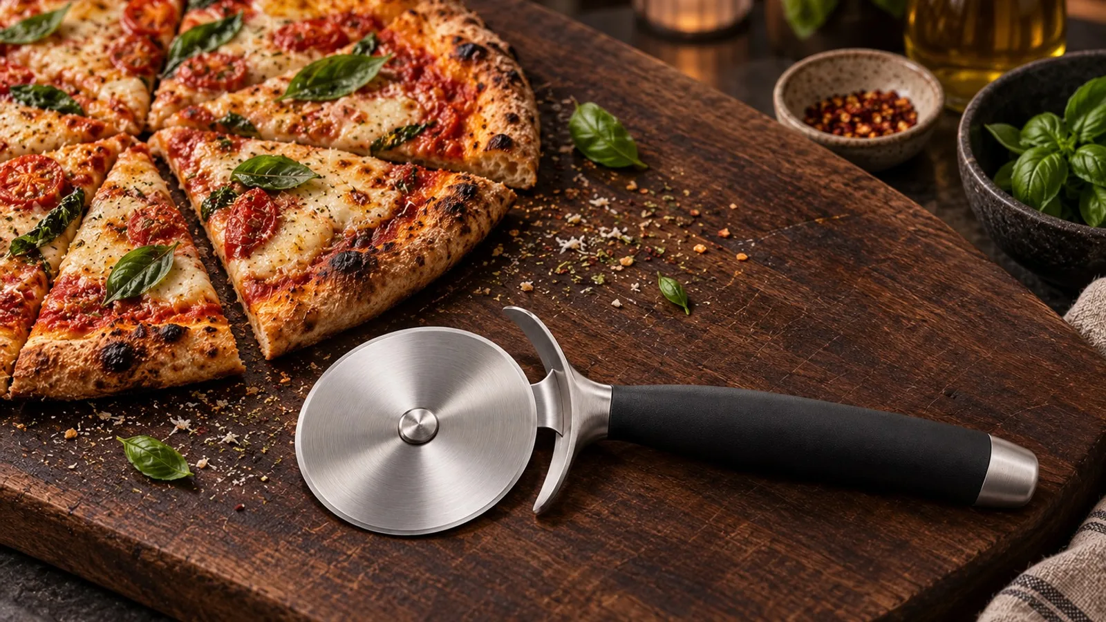 Stainless steel pizza wheel with a black handle lying on a wooden board beside a sliced pizza