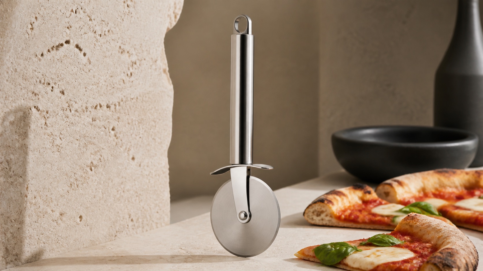 Stainless Steel Pizza Cutter in a premium kitchen setting