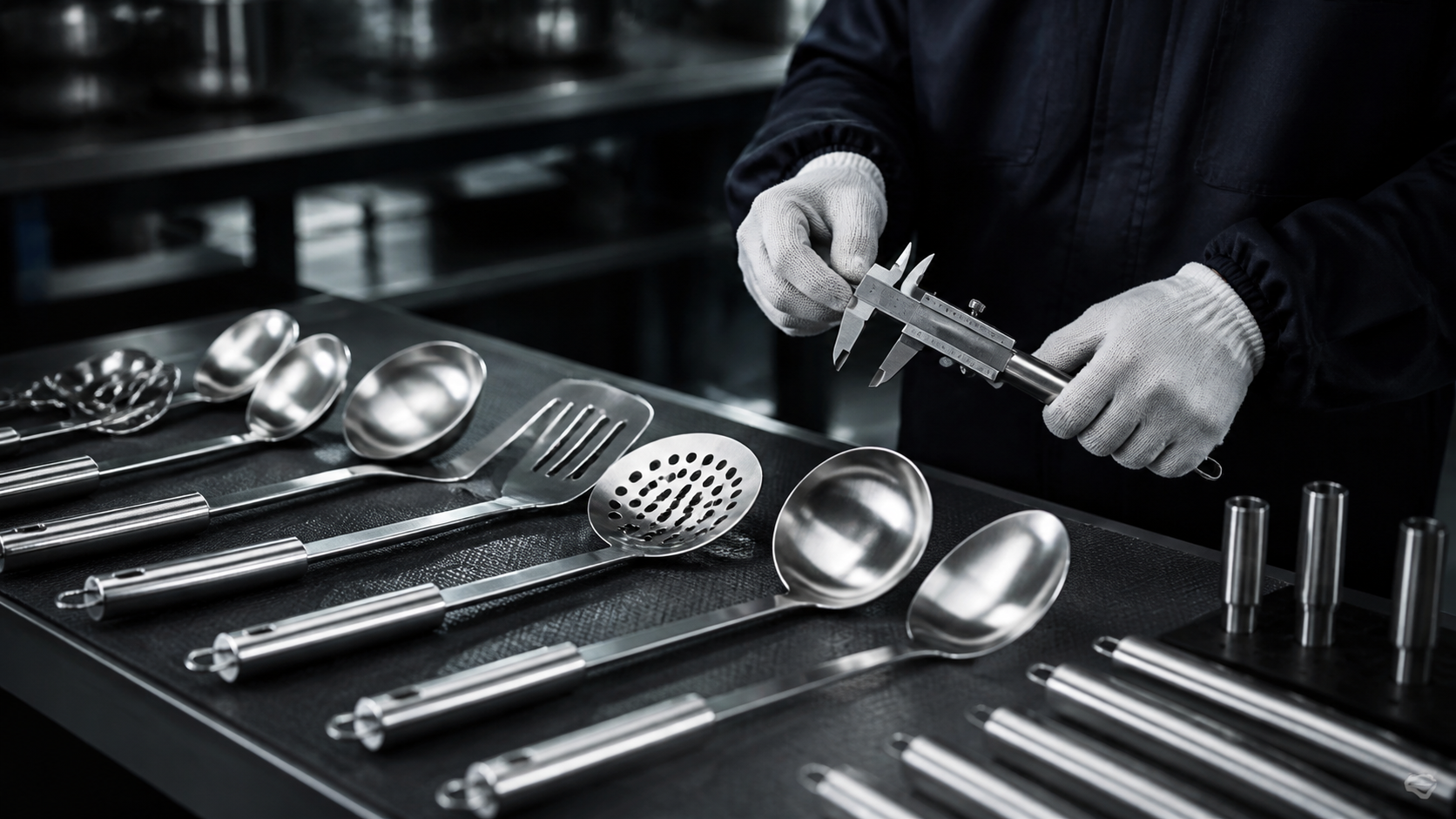 Kitchenware quality-control review in a premium factory setting