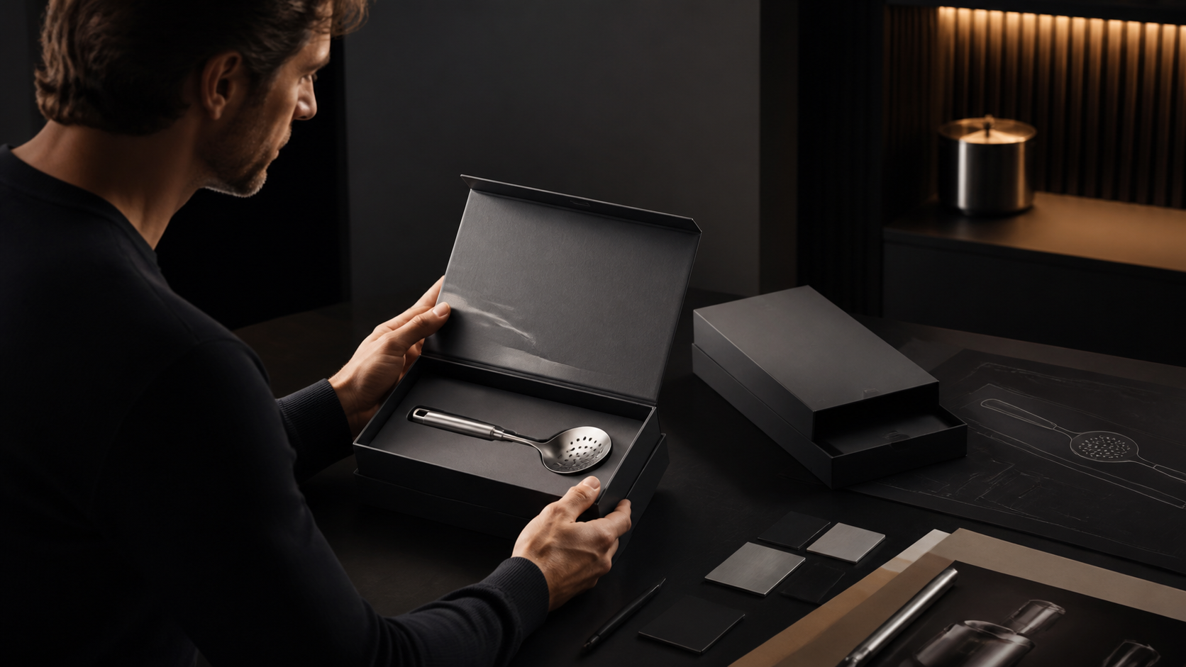 Kitchenware packaging concept review in a design studio