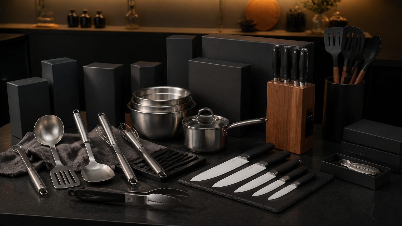 Private-label kitchenware collection with unbranded packaging