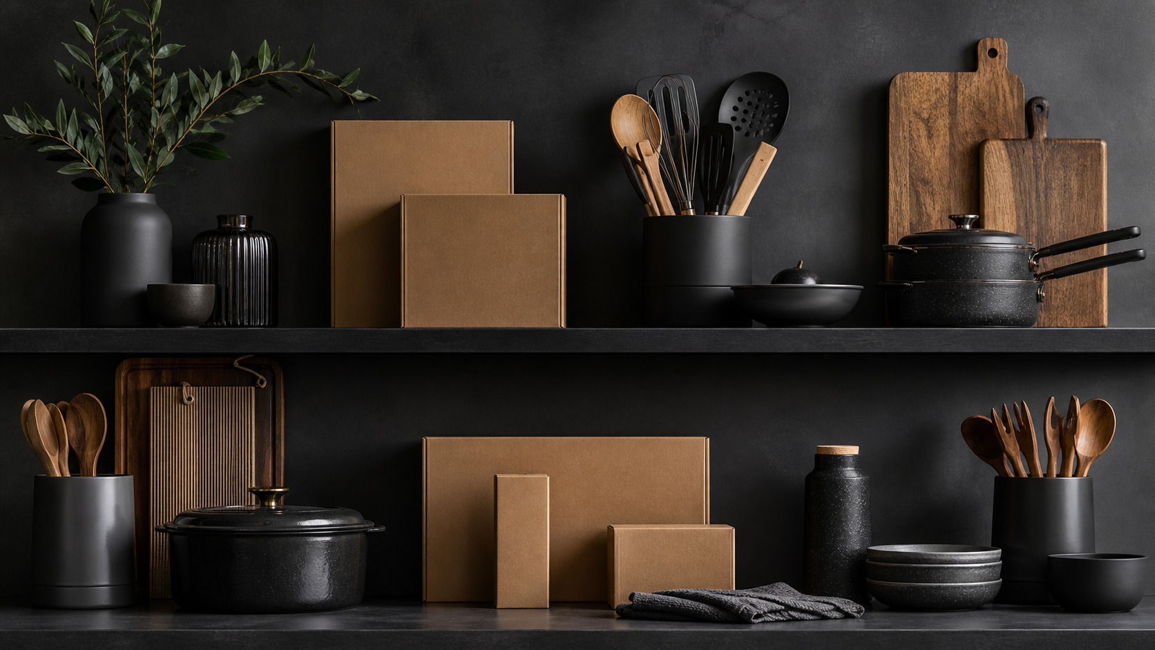Coordinated kitchenware collection on a premium retail shelf